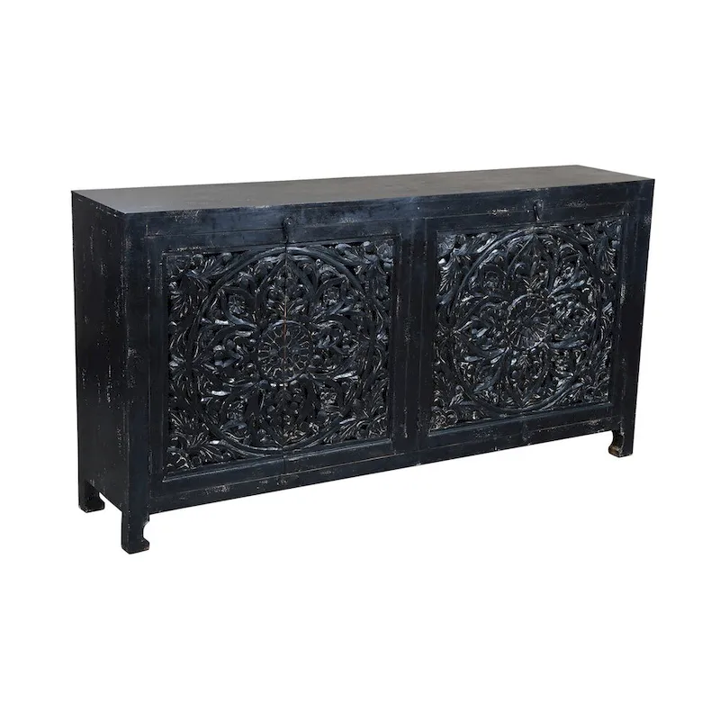 Hawk Black Hand carved 4 Door Sideboard Cabinet
