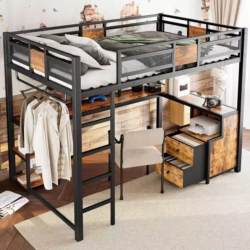 Full Loft Bed with Desk and Storage Non-woven Fabric Drawers Metal Loft Bed Frame with Ladders Nosie-free and No Spring Box Needed.Black