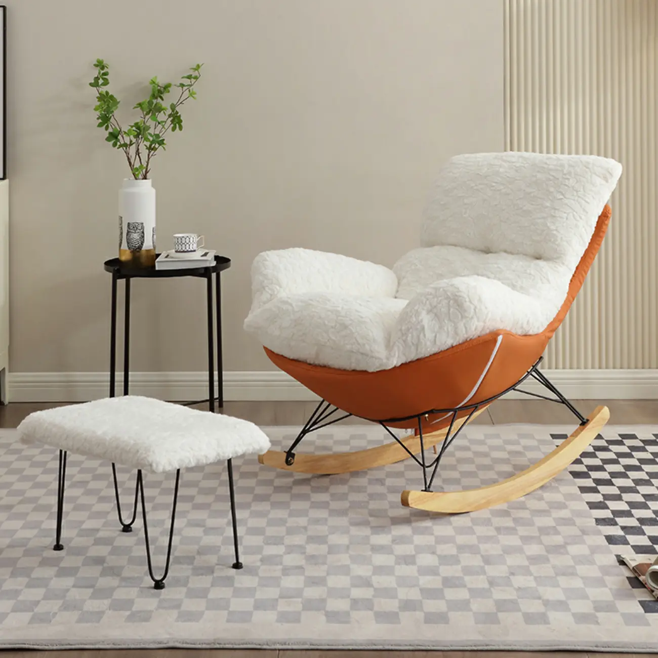Modern Armless Upholstered Rocking Chair with Ottoman