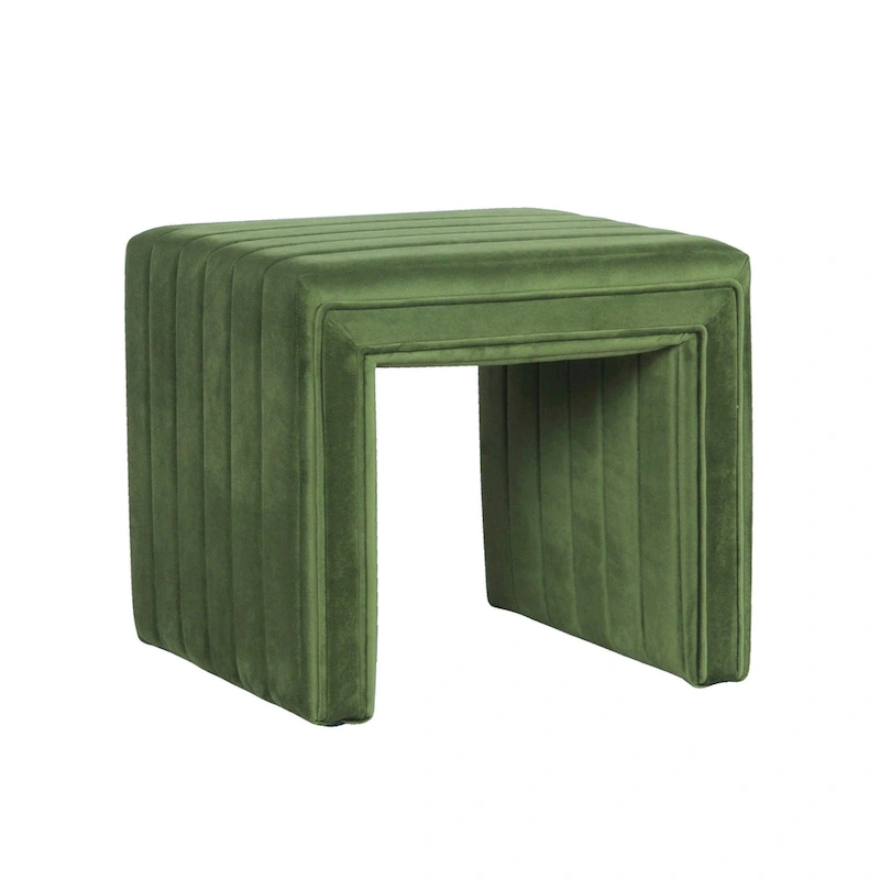 Ada Footstool Ottoman with Channel Tufted Green Velvet, 19 Inch