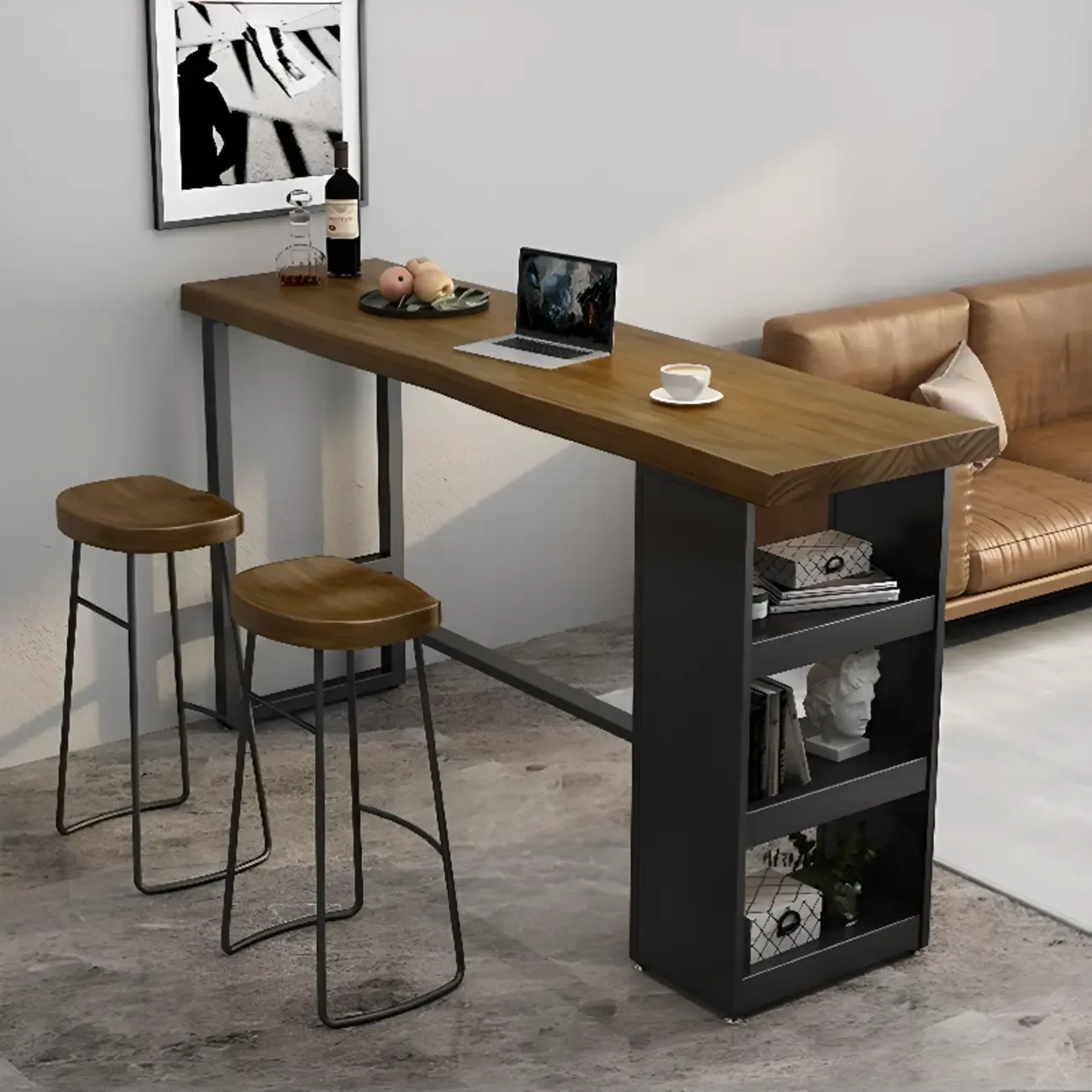 Industrial Brown Wooden Bar Height Table Metal Base with Shelves