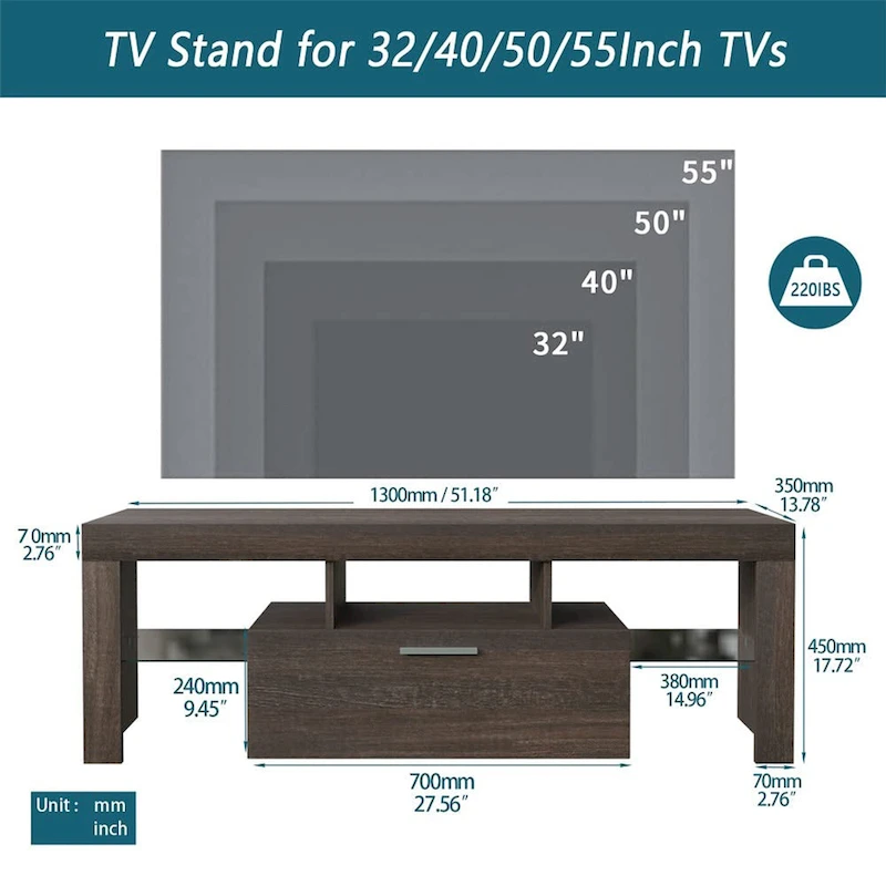 51 Modern LED TV Stand with Cabinet, 20 Minutes Quick Assembly - 51.18inch*13.78inch*17.72inch
