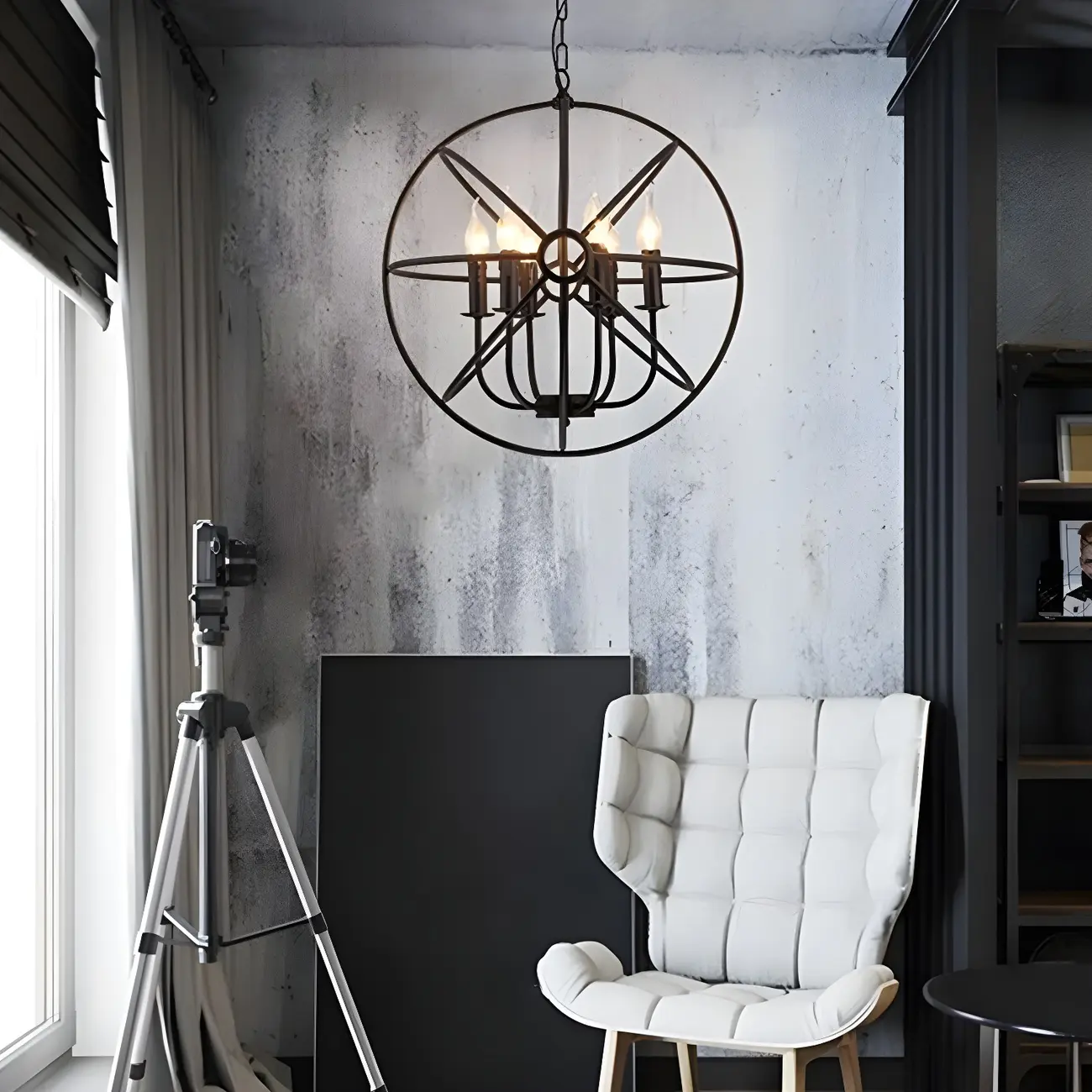 Industrial Black Metal Globe Caged Candelabra Chandelier