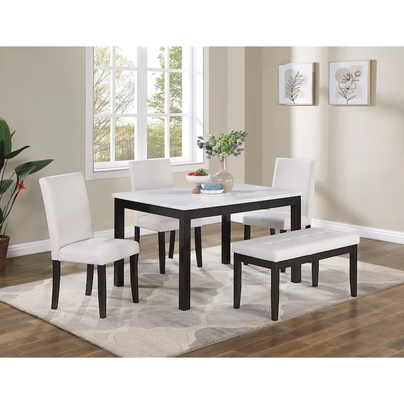 5 Piece Dining Table Set, Kitchen Dinette Set with Faux Marble Top Table, Bench and 3 Faux Leather Cushioned Chairs