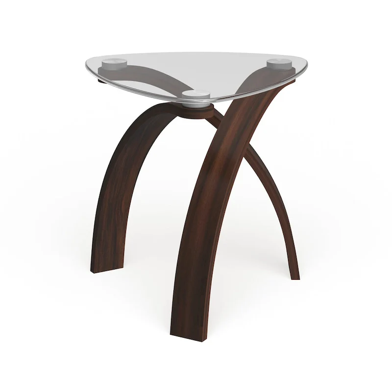 Modern Glass Top End Table, Cherry, Crossed Arch Base, Walnut Veneer