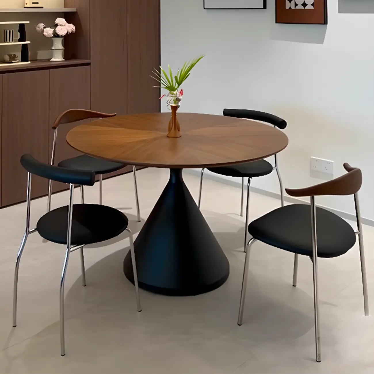 Modern Brown Round Wood Metal Cone Base Dining Table