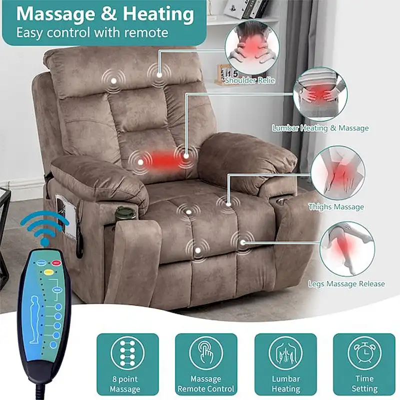 Power Lift Recliner, Massage & Heat, Velvet, 8-Point Massage, Cup Holder, Reclines 160°, Seats 1, Light/Dark Brown