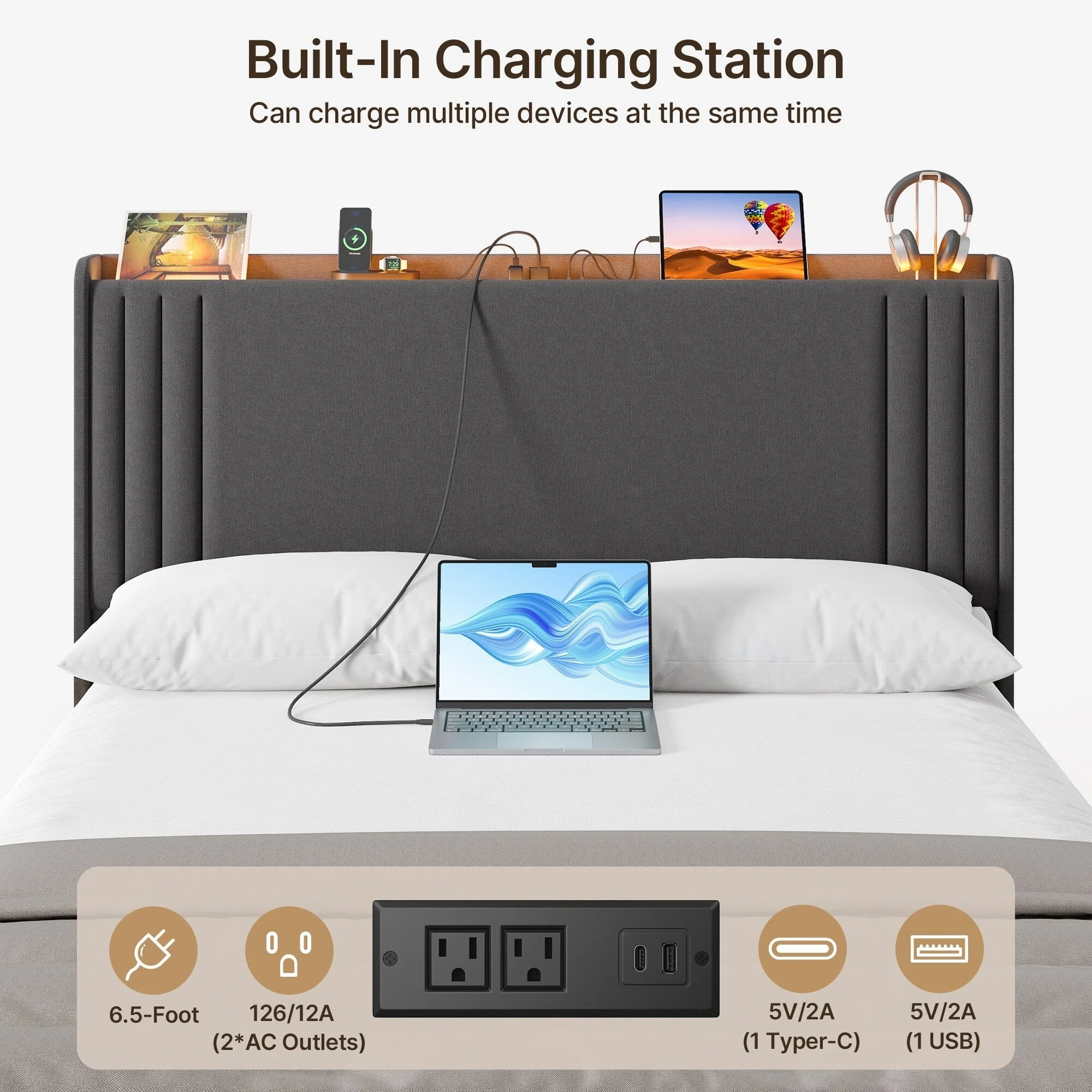 Queen/ Full Vertical Channels Upholstered Bed with Wingback Headboard