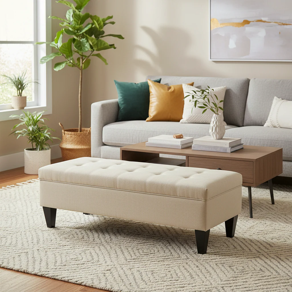 Beige / Silver Grey Long Button-Tufted Upholstered Storage Bench Ottoman