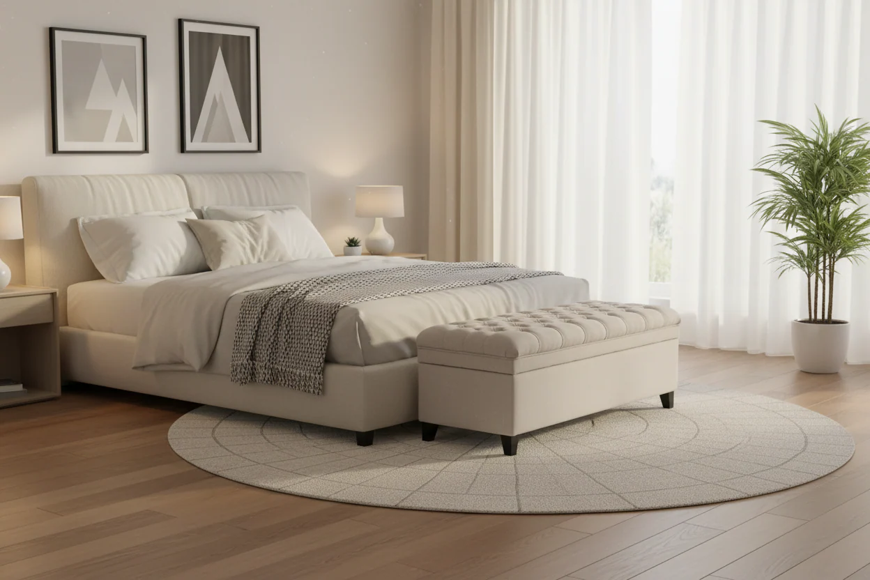 Storage Bench Ottoman, 50 Inch Seat, Button Tufted Gray Fabric