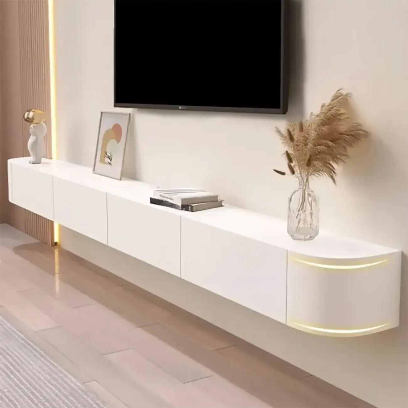 55 White Rubberwood Floating TV Stand with Cable Management