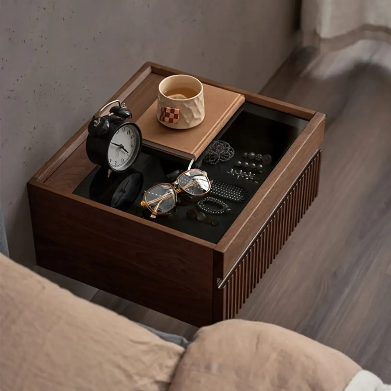 Modern Glass Top Walnut Floating Nightstand with Drawers