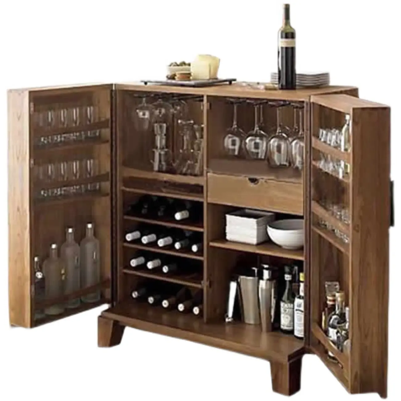 Solid Wood Farmhouse Brown Bar Cabinet Wine Rack