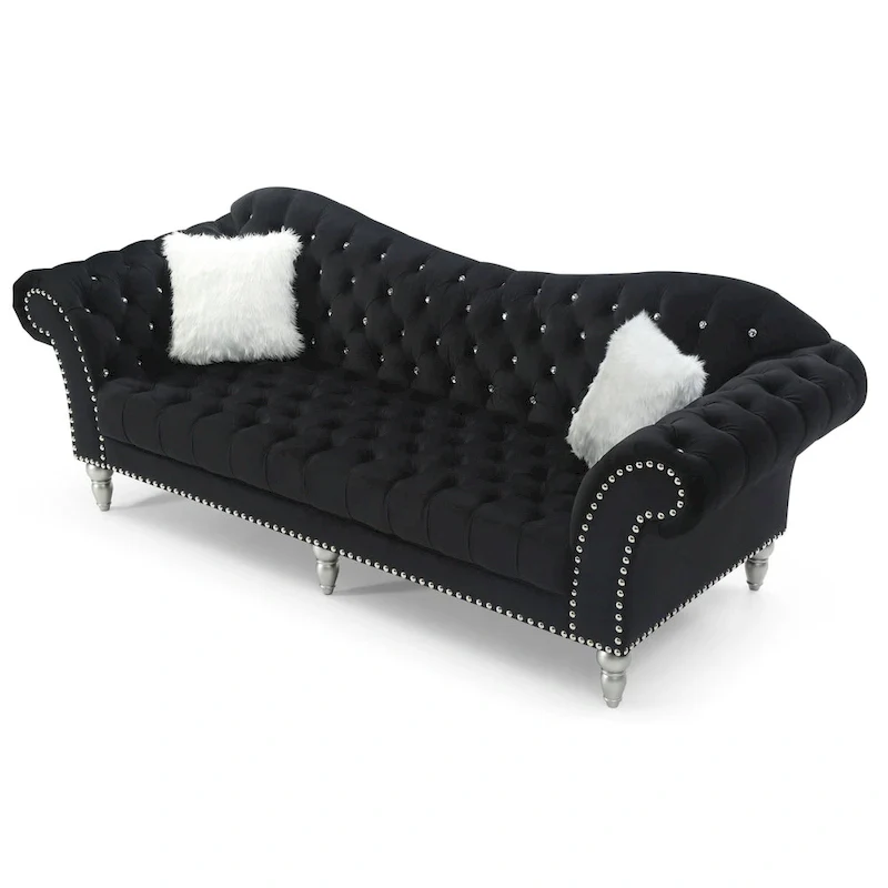 Velvet Tufted Sofa with Sweetheart Back & Chrome Nailheads – Blue / Dark Grey / Pink / Black, Seats 3