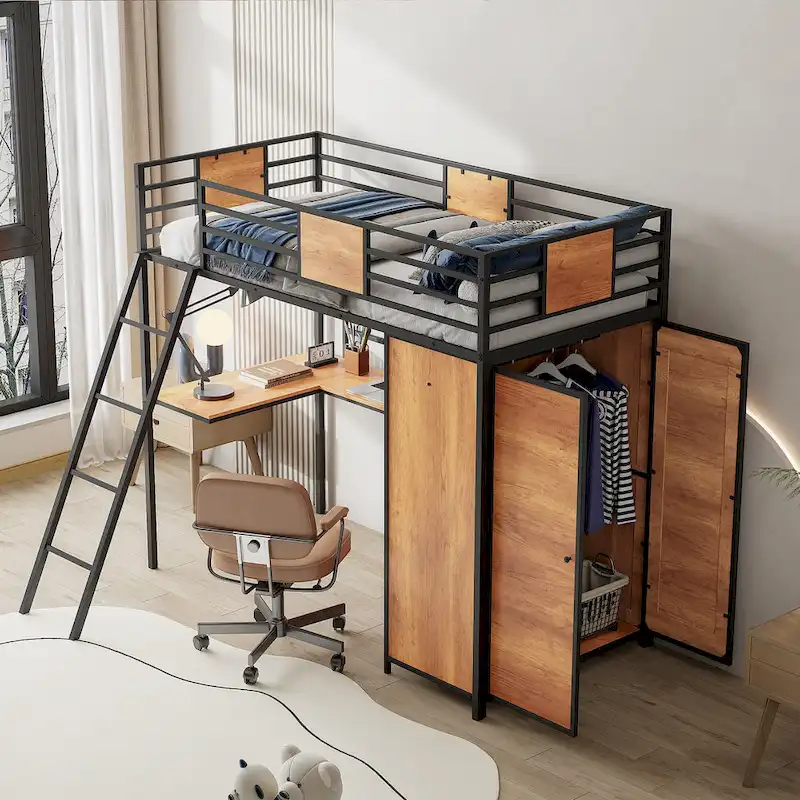 Twin Size Loft bed with L-shape Desk and Wardrobe