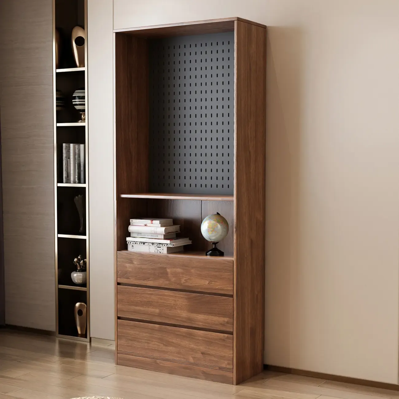 Traditional Brown Pecan Wood Bookcase with Drawers