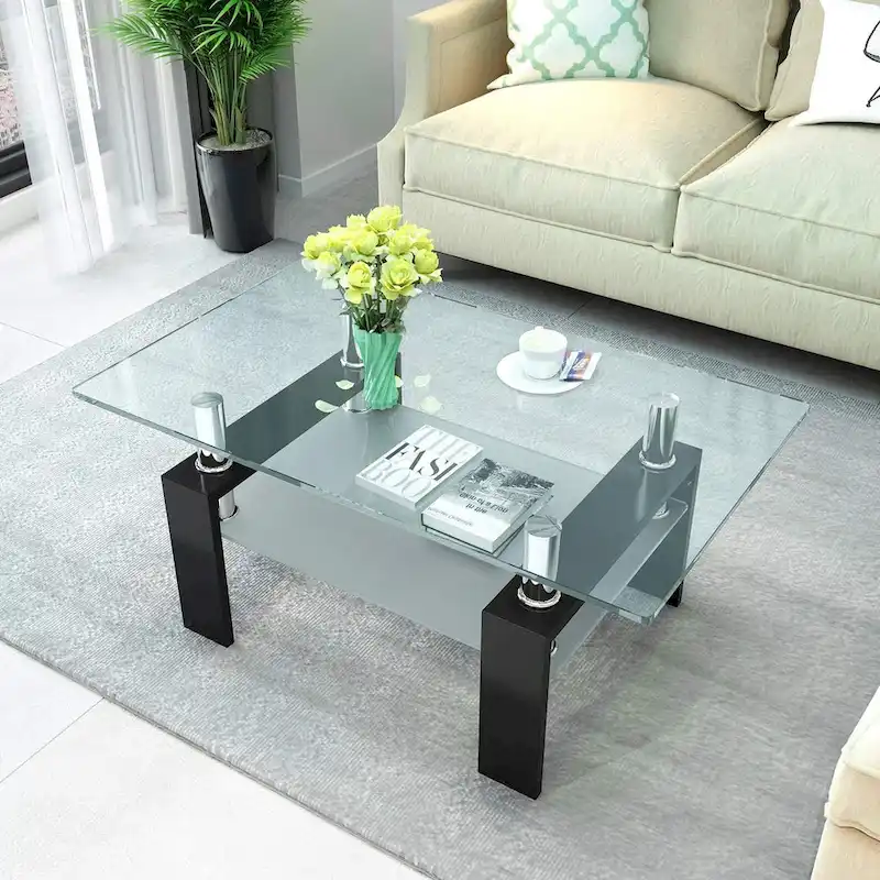 Rectangle Coffee Table Glass Tabletop with Lower Shelf