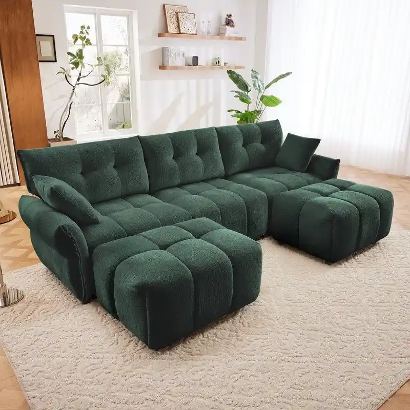 110.2  Chenille 3 Seater Upholstered Sofa, 2 Ottoman