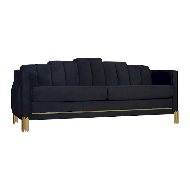 Theo Sofa, Black Velvet, Blue LED Lights, Gold Metal Legs, 83 Inch