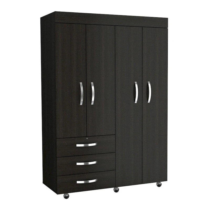 Denver Mobile Armoire with Rods, Double Door Cabinet, 3 Drawers, and 2 Shelves - N/A