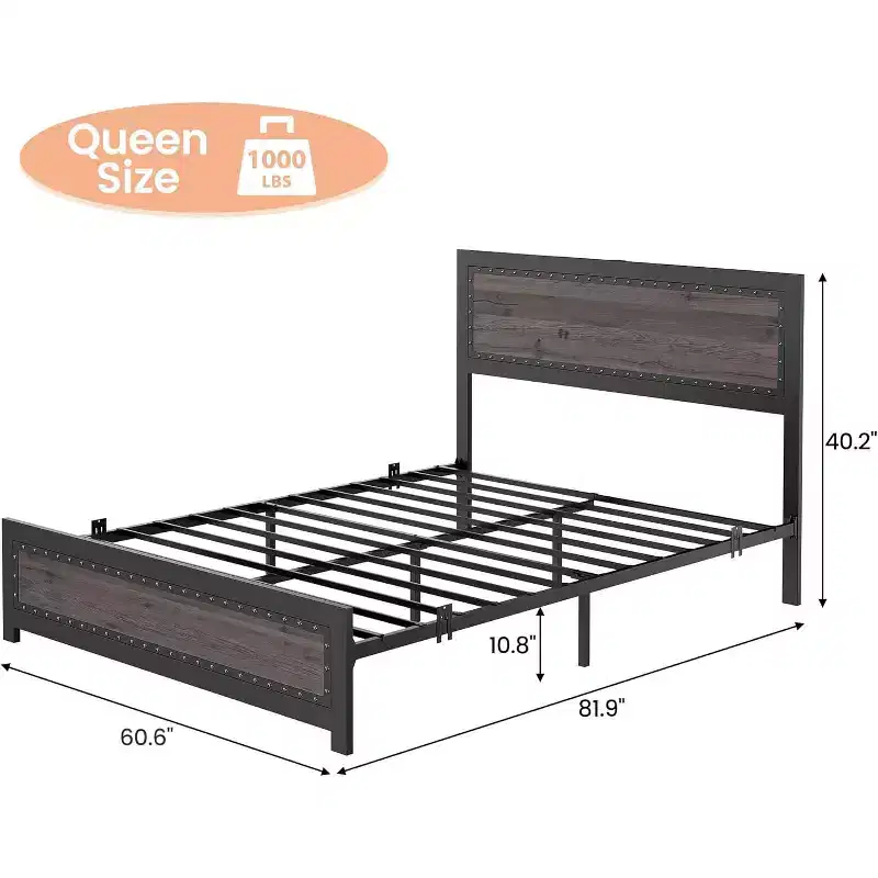 Gray Queen Platform Bed Frame with Headboard & Under-Bed Storage, 2-Person