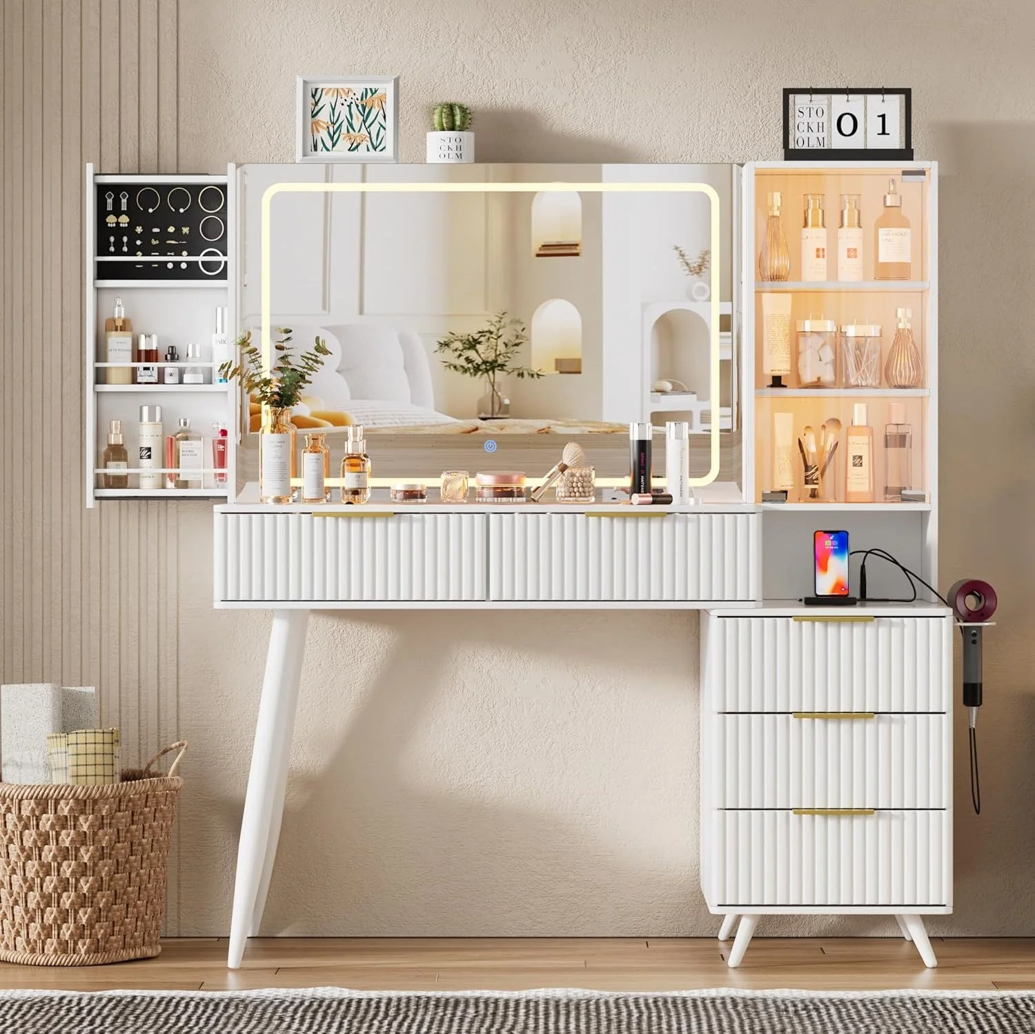 Walker Edison | White Reeded Vanity Desk with with Mirror and Lights with Glass Top