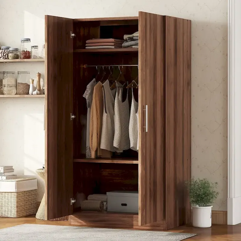 Wooden Wardrobe Armoire with 3 Storage Shelves, Freestanding Bedroom Closet Cabinet