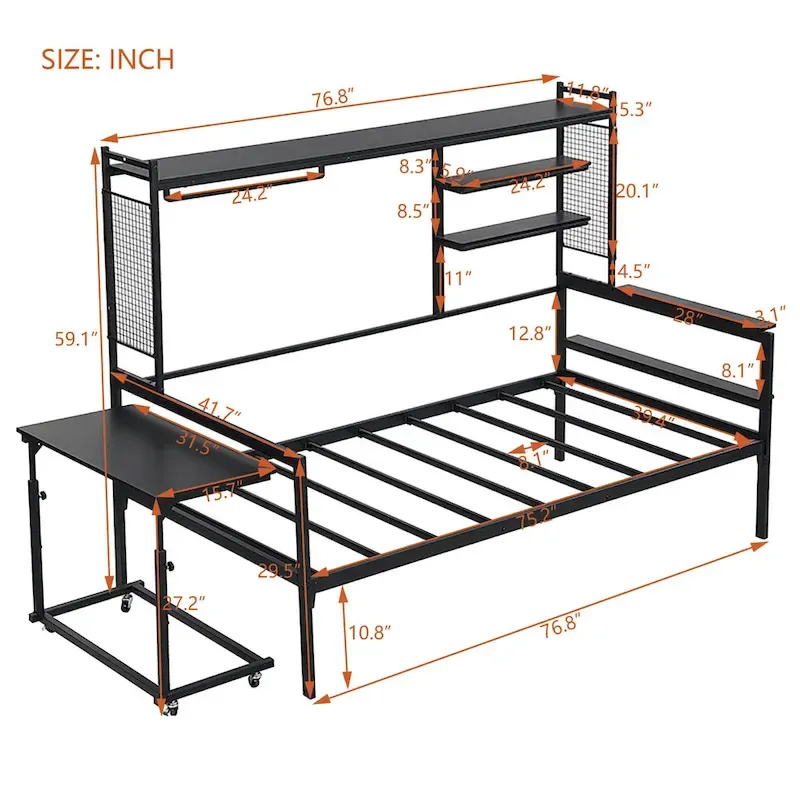 Versatile Daybed with Movable Desk, Metal Sofa Bed Frame with Metal Grid, Shelves and Clothes Hanger, No Box Spring Needed
