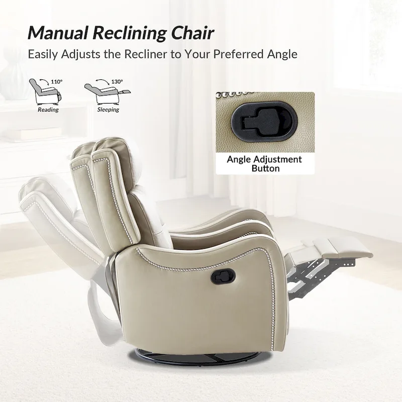 Genuine Leather Swivel Rocker Recliner with Nailhead Trims by