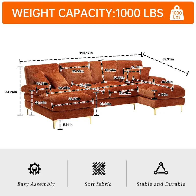 HOMEFUN Chenille Upholstered U-Shaped Living Room Sectional Sofa