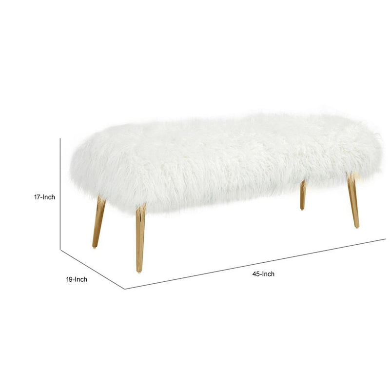 Ammy 45 Inch Bench, White Faux Fur Padded Seat, Glam Gold Metal Finish