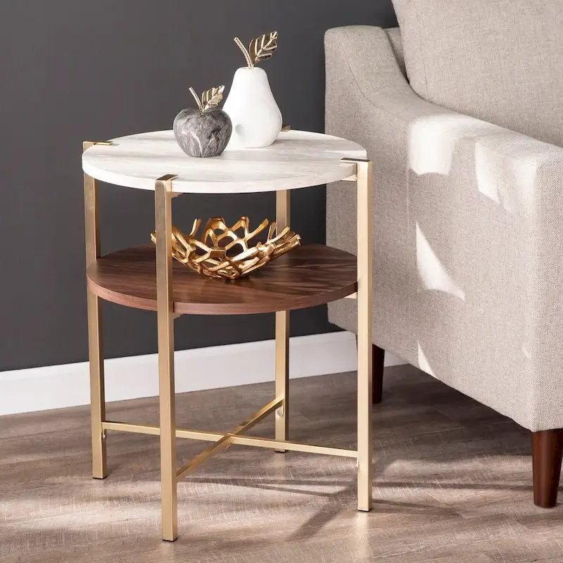 SEI Furniture Aldea Modern Round Side Table with Faux Marble Top and Faux Wood Shelf