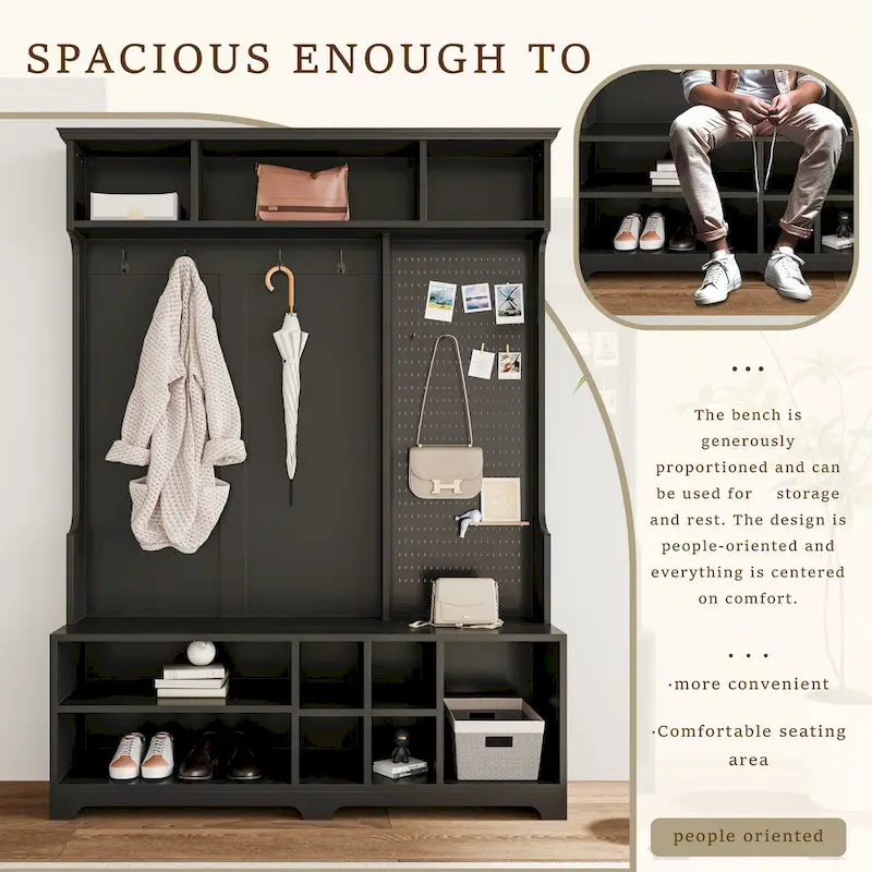 Hall Tree with Shoe Bench, Coat Rack, Shelves and Pegboard