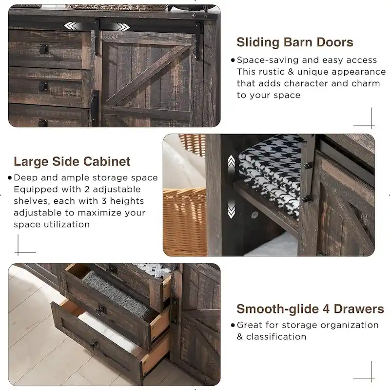 Farmhouse Dresser with 4 Drawers & 2 Sliding Cabinets, Dark Rustic Oak/Antique White/Barnwood