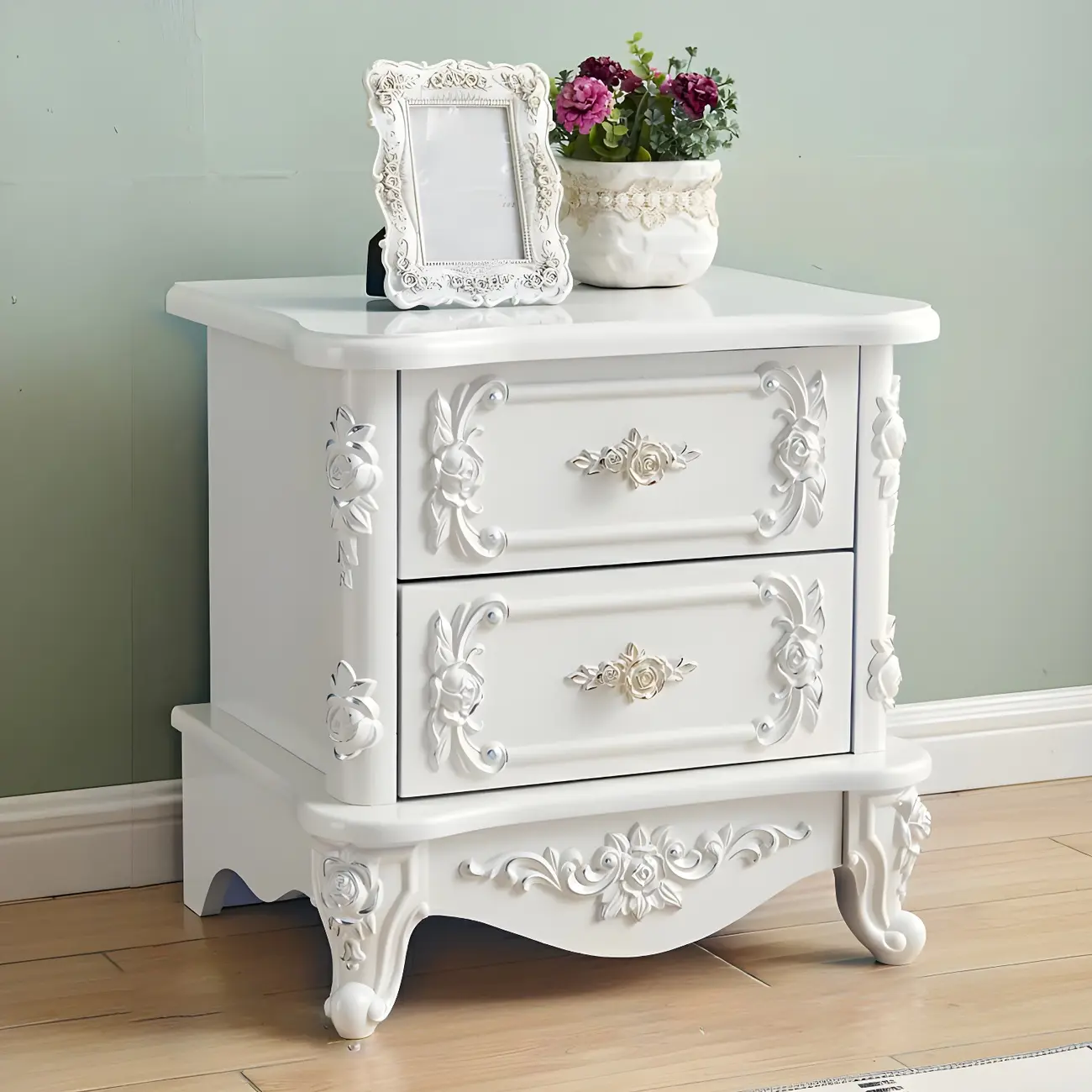 Traditional White Wood Carved 3-Drawer Nightstand