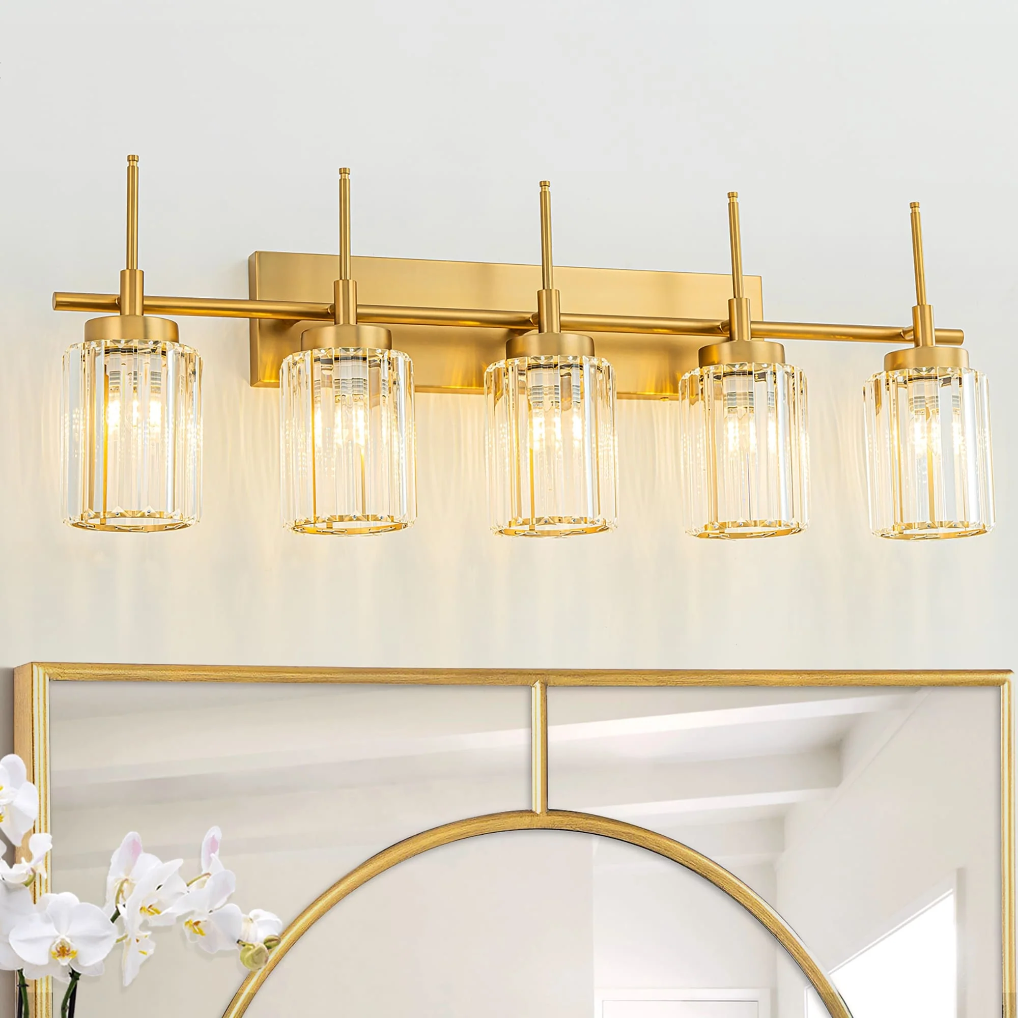 Modern Gold Dimmable Wall Light Glam Cylinder Bathroom Crystal Vanity Light Wall Sconces