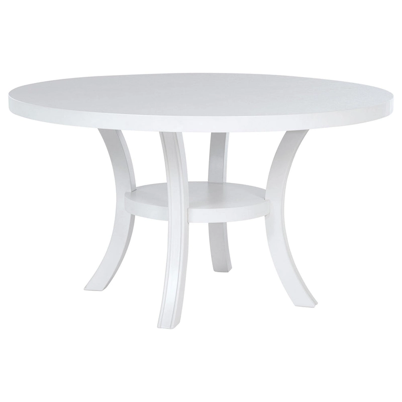 Judy Round Dining Table with Shelf and Flared Legs, White Wood 54 Inch