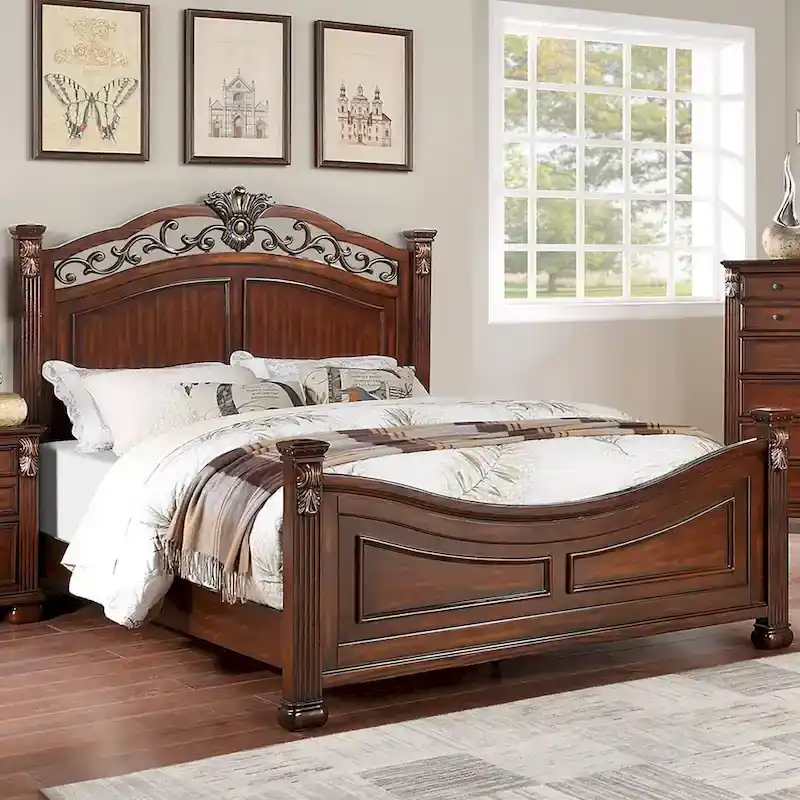 Wooden Bed with Crafted Headboard in Dark Cherry