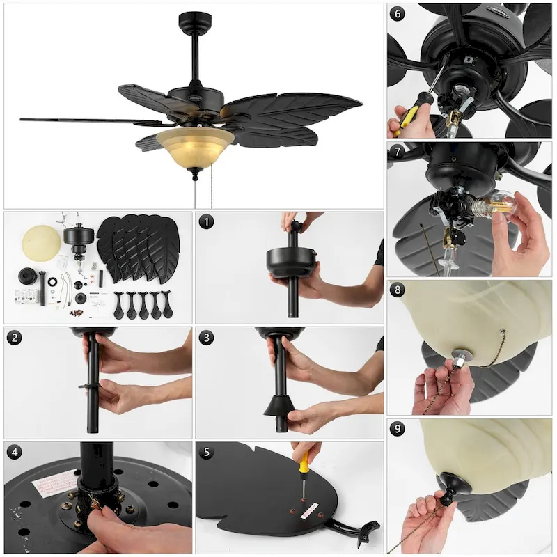 Owen 52  3-Light Coastal Bohemian Iron/Wood Palm Leaf LED Ceiling Fan with Pull Chain, by JONATHAN Y