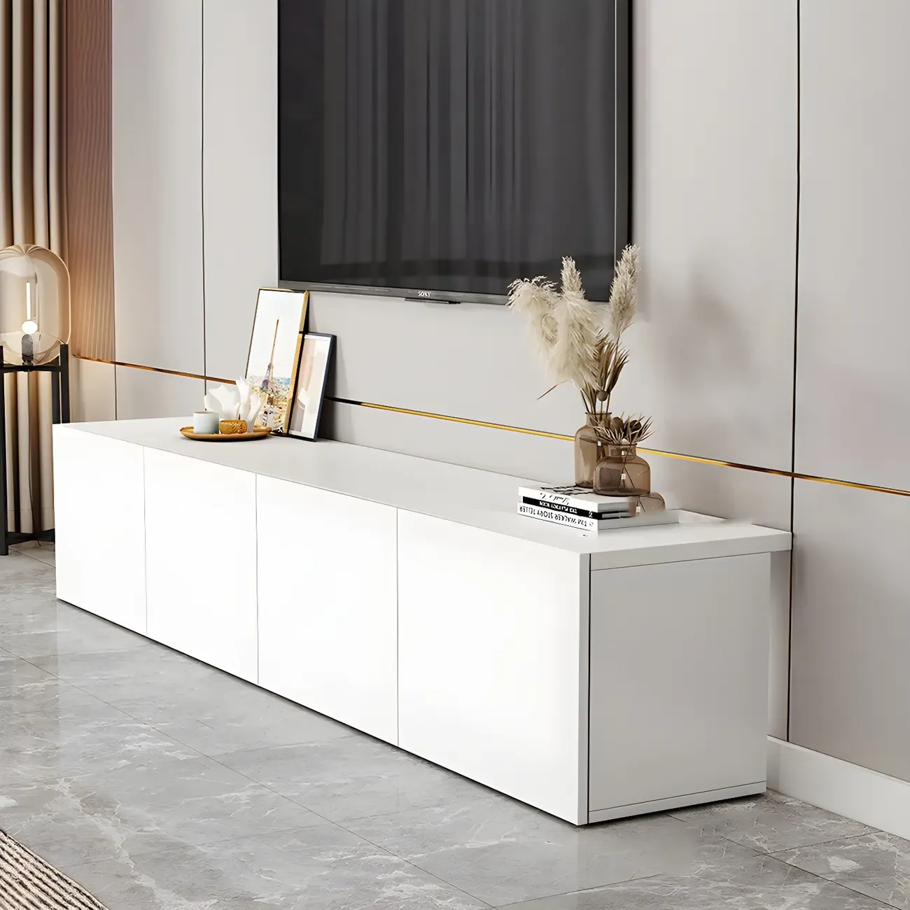 63 White Wooden Cable Management TV Stand with Drawers