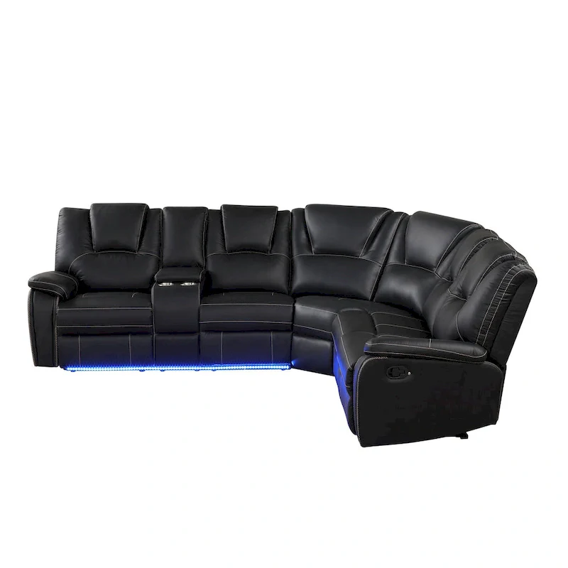 Modern Faux Leather Manual Reclining with Center Console with LED Light Strip,Living Room Furniture Set,PU Symmetrical Couch
