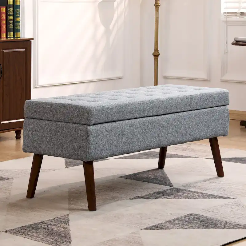Grey Linen Tufted Storage Bench with Flip-Top Lid