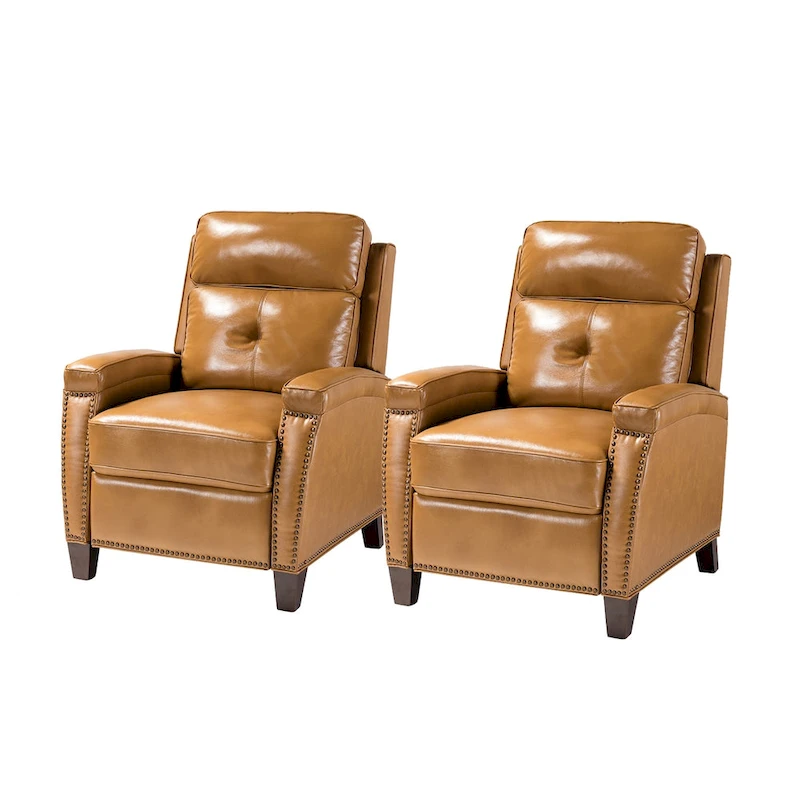 Gaspar Mid-Century Modern Genuine Leather Pushback Recliner with Wood legs Set of 2 by HULALA HOME