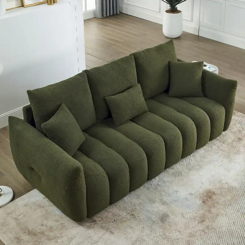 Green Teddy 3-seater Sofa with Back Pillows and Wood Frame