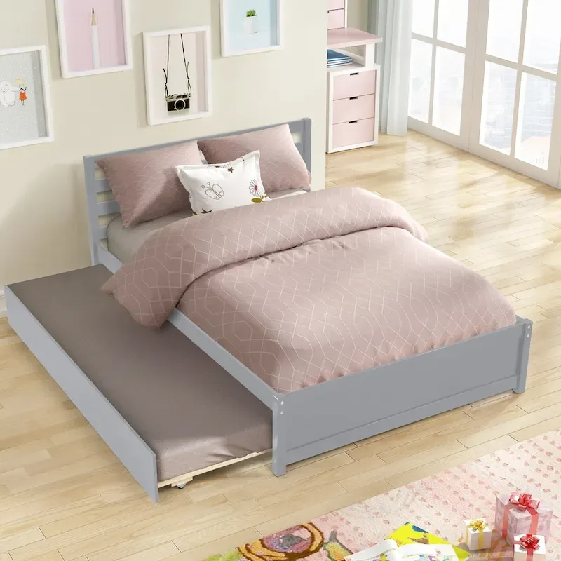 Nestfair Full Size Wood Platform Bed Frame with Headboard and Twin Trundle For Grey Color