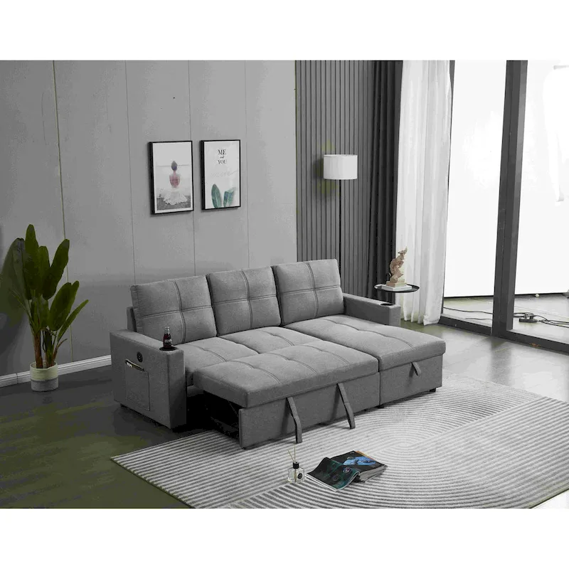 Linen Sectional Sofa Reversible Chaise with Pull out Sleeper