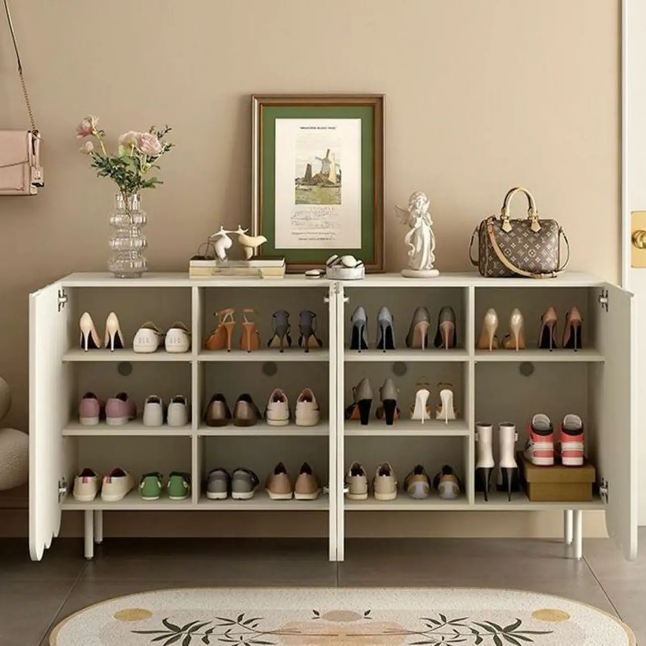 Entryway White Wooden Fluted Front Shoe Cabinet