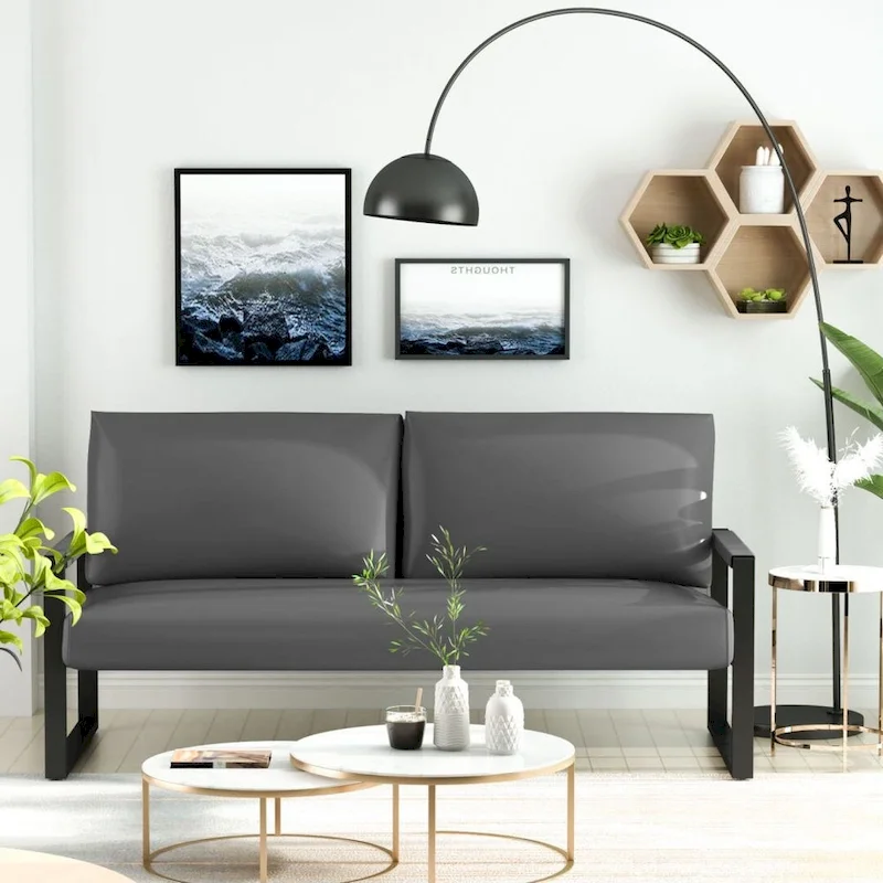 Mid-Century Style Faux Leather Loveseat Sofa with Steel Frame