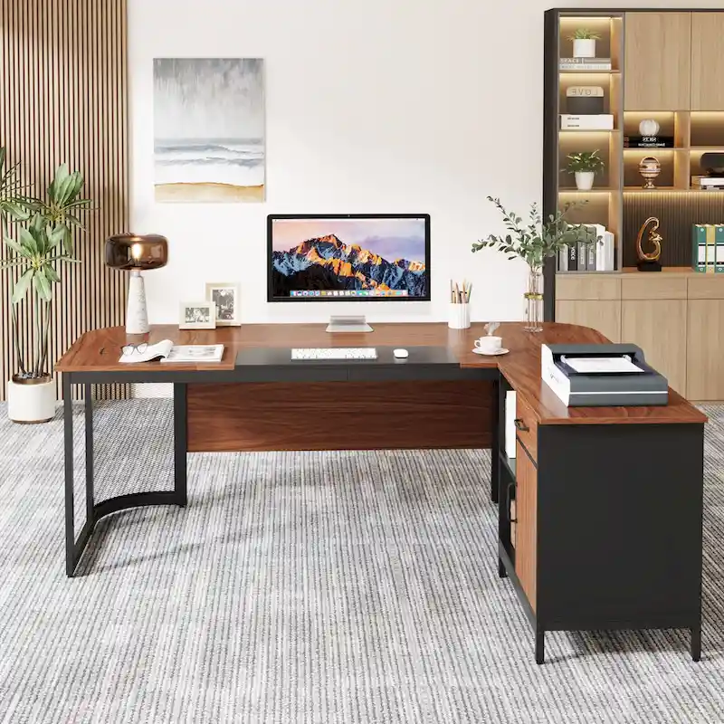 Large 63  L-Shaped Executive Office Desk with 31 File Cabinet