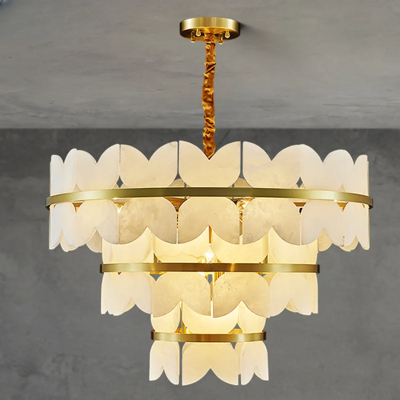 Luxurious Round Gold Tiered Alabaster Chandelier